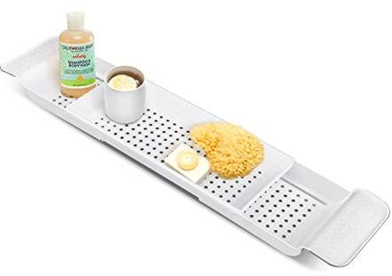 YORKING Bath Rack Trays Adjustable Bathtub Caddy Tray Bathroom Rack Shelf Retractable Bathroom Accessories Board Bathroom Trays for Place Candles Wine Glass Book Phone Pad Holder (White)