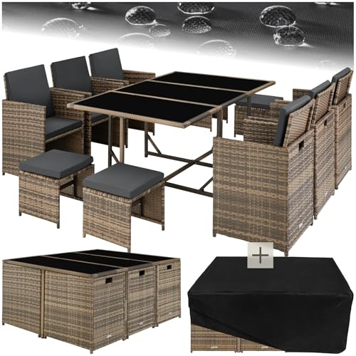 tectake® Salon de Jardin Exterieur en Résine Tressée Poly Rotin Salon de Jardin Table 10 Personnes 6 Fauteuil en rotin 4 Tabouret Pouf Encastrable avec Housse de Protection, Entretien Facile