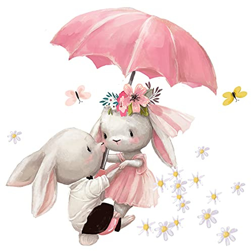 Little Deco Wandtattoo Hasen mit Regenschirm DL601 L - 66 x 58 cm (BxH)