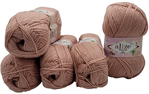 Yunteks 5 x 100g Strickwolle Alize Sekerim Bebe, 500 Gramm Wolle einfarbig, Babywolle (Altrosa 161)