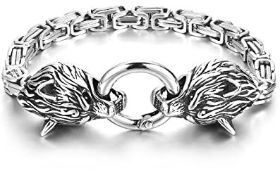PiercingJak Men Viking Wolf Head Bracelet for Men Stainless Steel King Byzantine Chain Men's Nordic Viking Norse Jewelry Biker Amulet Odin's Wolf Bracelets