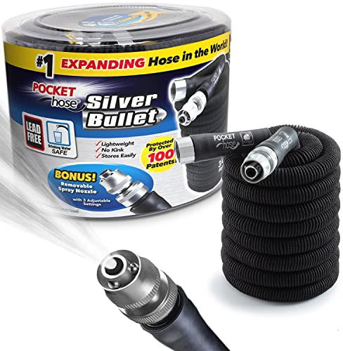 Pocket Hose Silver Bullet 50 ft Turbo Shot Nozzle Multiple Spray Patterns Expandable Garden Hose 3/4 in Solid Aluminum Fittings Lead-Free Lightweight and No-Kink,Black