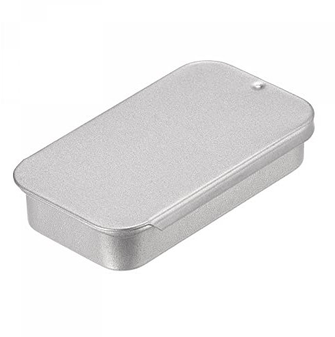 sourcing map Caja de lata de metal, 8 recipientes de almacenamiento de hojalata vacíos rectangulares de 2.36 x 1.18 x 0.43 con tapas deslizantes, tono plateado