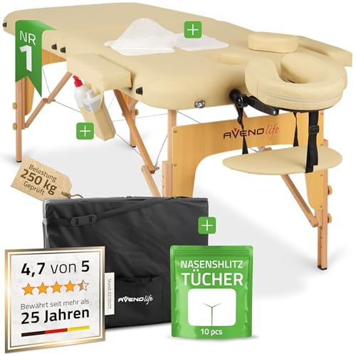 HABYS Sofia Massageliege klappbar aus Holz mit 2 Zonen, Massagetisch mit Vollausstattung, 185 × 70 cm, höhenverstellbar bis 250 kg, mit Armlehnen, Kopfstütze und Tragetasche, Beige