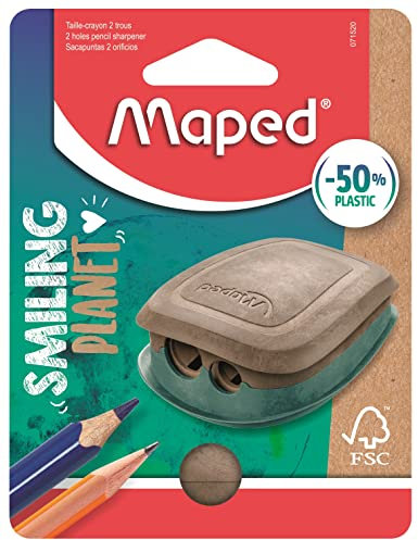 Maped - der ökologisch nachhaltige Anspitzer SMILING PLANET für 2 Stiftgröße mit Auffangdose -aus Holzfaserverbundstoff: 50% recycelter Kunststoff & 50% FSC-zertifiziertes Holzfaser
