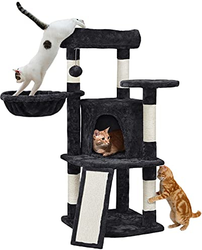 Yaheetech 106cm Kratzbaum stabil Katzenbaum mit großer Plattform schwarz | FSC-zertifizierte Spanplatten | Platzsparend | Anti-Kipp-Gurt | mit 5 Kratzsäulen & hängendem Plüschball | große Katzenhöhle