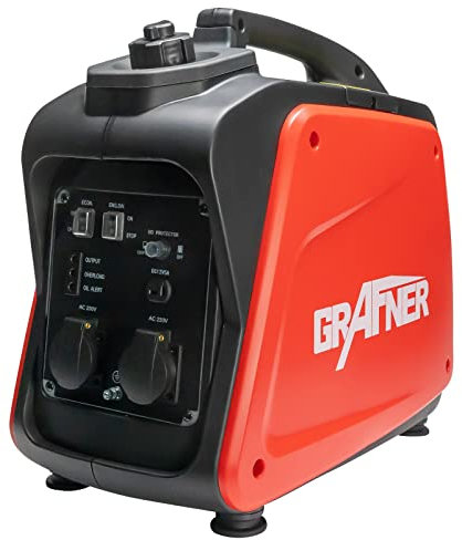 Grafner Inverter Stromerzeuger 2200 W (2 KW Dauerleistung), Benzinbetrieb 4 Takt, 2x 230V, Invertertechnologie für empfindliche Geräte, leicht robust, digitaler Benzin Generator Notstrom Aggregat