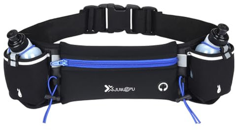 LYEAA Laufgürtel mit reflektierendem Streifen, Trinkgürtel mit Flaschen, mehrere Taschen, Übungs-Hüfttasche, Verstellbarer Riemen zum Laufen, Wandern, Klettern (blau)