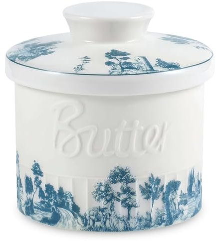 Mantequera para mostrador con agua, plato de mantequilla francés, recipiente para mantequilla, plato de mantequilla de agua, porcelana azul y blanca, 10 x 10 x 8 cm