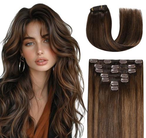 MISSME Clip in Extensions Echthaar, 7 Stück 40cm Echthaar Extensions Clip 110g Haarverlängerung Echthaar #P2/6/T2 Dunkelbraun Balayage Extainsons Echthaar Clips