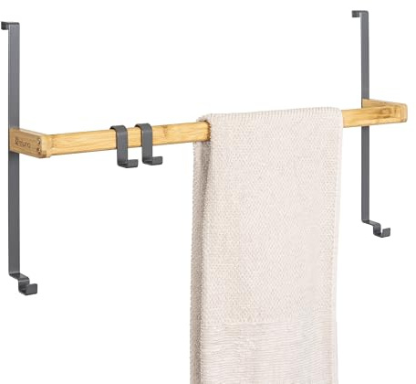 eluno Tür-Hängeregal aus Metall und Bambus, Tür-Handtuchhalter mit 1 Handtuchstange, 2 praktischen Haken, zum Einhängen ohne Bohren (Grau)