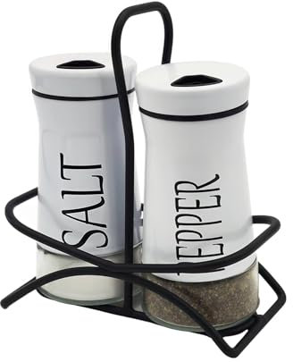 2 Stück Salz- und Pfefferstreuer Set mit Halter aus Glas und Edelstahl Salzstreuer Pfefferstreuer Gewürzstreuer Camping Zuckerstreuer Küchenzubehör (Weiß)