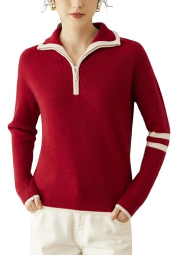 DISSA Damen Kaschmir Pullover Burgunderrot Rollkragen Langarm Strickpullover Damen Kaschmir Wolle Reißverschluss Relaxed Dicker Pullover,EU 42,RMS33130