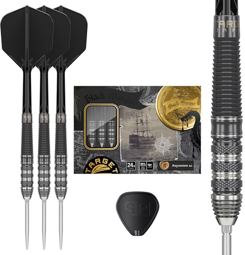 Target Japan Black Marque Armageddon G2 90% Tungsten K-Flex Swiss Point Steeldarts Set, 24G | KFlex Dart Flight, Swiss Nano Points, Schwarz & Silber Steeldarts Spitzen mit K Flex integrierten Schäften
