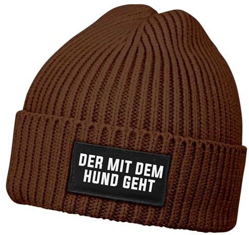 MoonWorks® Herren Beanie mit Patch Strickmütze mit Spruch Der mit dem Hund geht Aufdruck Lustig Mütze Männer