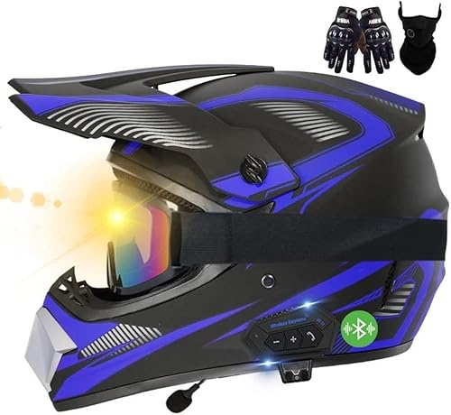 Motocross-Bluetooth-Helme, ECE-geprüft, Motocross-Helme mit Handschuhen/Brille/Maske, bequem und belüftet, sicher, geeignet für Motocross, MTB, Cross-Bike, BMX D,L59-60CM