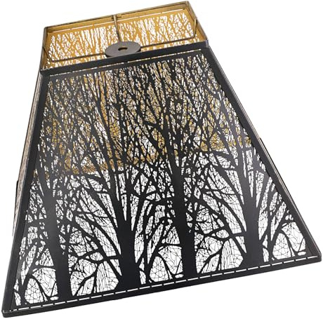 Large metal vintage lamp shade,Square lamp shades for table lamps,Etched Forest Bell Lamp Shade Pyramid Shape Design, (7+5)'' Top x (14+10) Bottom x 10 Height, Antique Black and Gold Finish