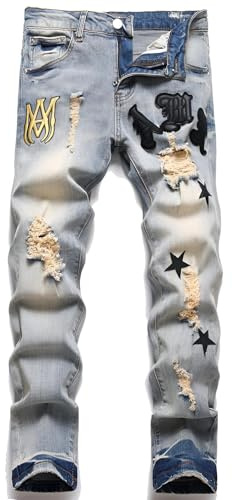 Kdtoll Vaqueros Hombre Slim Fit Rasgados con Bordado de Pentagrama - Pantalones Vaqueros Elásticos, Estilo Streetwear Y2K, Moda Casual y Versátil