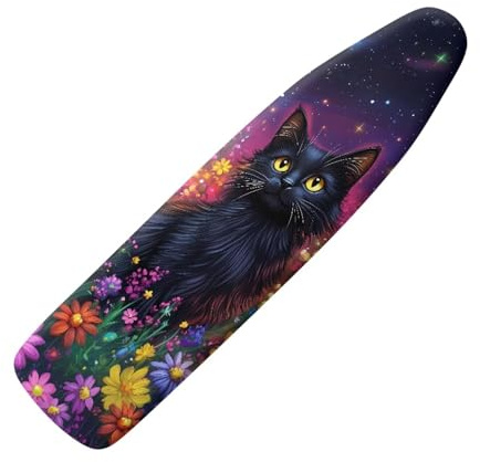 ZIATUBLES Daisy Floral Black Cat Print Polyester Ironing Board Cover Iron Padding Covers with Hook and Loop Fastener Straps Home Accessories Heat Ressiatant for Laundry Clothing Shop Home, XL