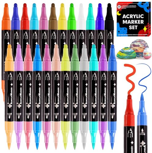UZSUZZ 24 Farben Acrylstifte Set, Stifte Steine Bemalen Wasserfest, Wasserfeste Doppelkapsel Marker mit feiner Spitze und Pinselspitze für Stein, Holz, Glas, Leinwand, Keramik, DIY Bastelprojekte