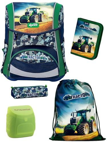 Familando - Ergo Premium Schulranzen Set - 5-teilig mit Federmappe - Traktor Blau Grün - Ergonomisch, stabil & mit verstellbarem Rückenpolster - 1000g - 20L Volumen - Mit Reflektoren - ab 1. Klasse