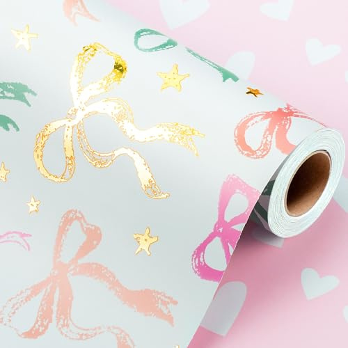 Wikadlik Carta da Regalo con Fiocco Colorato - Mini Rotolo da 43 cm x 10 m - Carta da Regalo Reversibile Carino Cuore Rosa per Compleanno, Matrimonio, Festa della Mamma, San Valentino, Natale