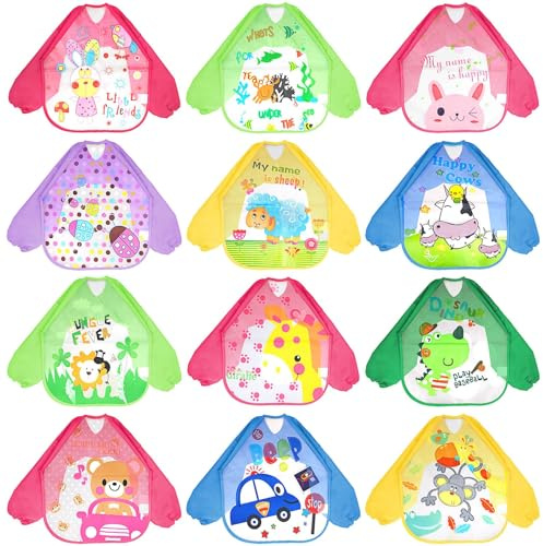 ASMIZ 12 Pack Toddler Art Aprons for Nursery, Kids Small Waterproof Smock, Children Painting Aprons, Sleeve Washable Bib for Eating 1-4 Years,Classroom Arts and Crafts