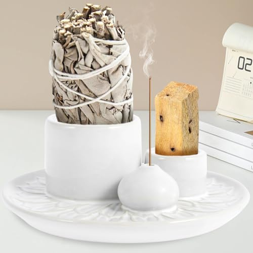 4 in 1 Incense Holder,Ceramic Palo Santo Sticks Holder,Sage Holder for Burning, Incense Holder for Sticks, Smudge bowl with 13CM Ash Catcher Tray for Meditation Yoga Room (White)