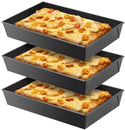 Heilanole 3 Stück Pizzableche im Detroit-Stil, Harte, Rechteckige Pizzableche, Antihaftbeschichtet, Sizilianische Art, Vorgewürztes Backgeschirr