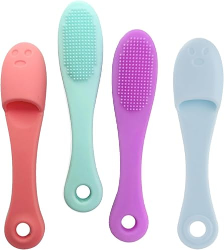 4 Pcs Soft Silicone Cat Toothbrush,Dog Toothbrush Finger,Mini Cat Tooth Brush,Kitty Chin Cleaner,Puss Nose Brush,Suitable for Dental Care of Kitty Dog Puppies(Purple, Green, Blue, Pink)