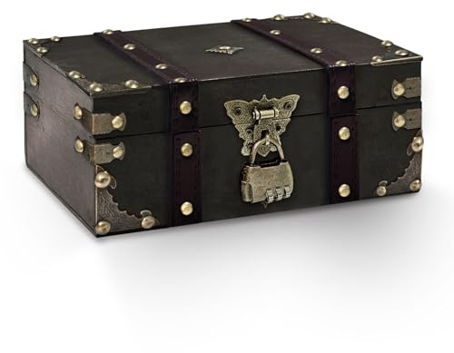 Feruchun Coffre Tresor Bois,Boite Tresor Code,23x17x9.5cm,Coffre au Trésor Vintage pour Soirée à Thème Pirate,Rangement et Décoration (COULEUR1)