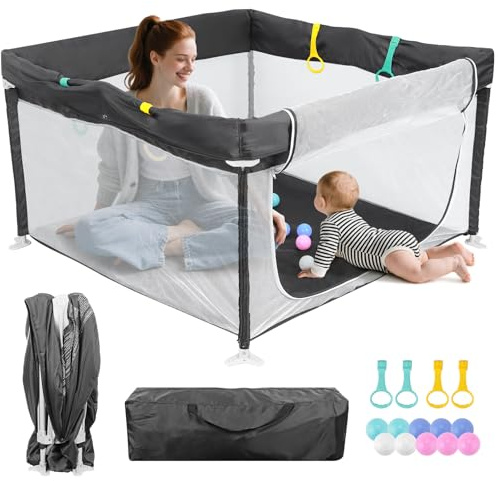 FUNYKICH Laufstall Baby Faltbar 120x120cm, Laufgitter Baby mit Atmungsaktivem Netz, 10 Bällen, 4 Handgriff, Schneller Aufbau, Kinderlaufstall 210D Oxford Gewebe, Sicher & Tragbar für drinnen & draußen