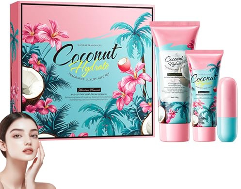 Set per la cura del corpo di cocco | Lozione per il corpo | Crema per le mani | Balsamo per le labbra, Crema Corpo Idratante