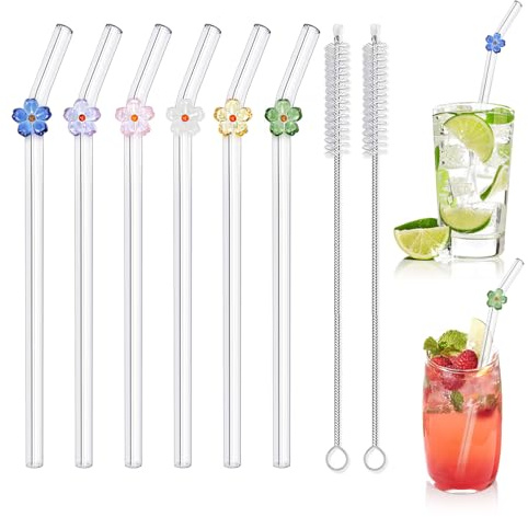 6 Stück Glasstrohhalme Lang, Strohhalme Glas Wiederverwendbar, Glasstrohhalm Gebogen, Glasstrohhalme mit Motiv, Trinkhalme Glas für Bubble Tea, Säfte, Cocktails, Smoothie, Milch, Kaffee (Blume)