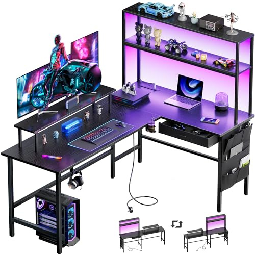 DLONGONE 150x100cm L Shaped Gaming Desk with LED Lights & 3 Power Outlets