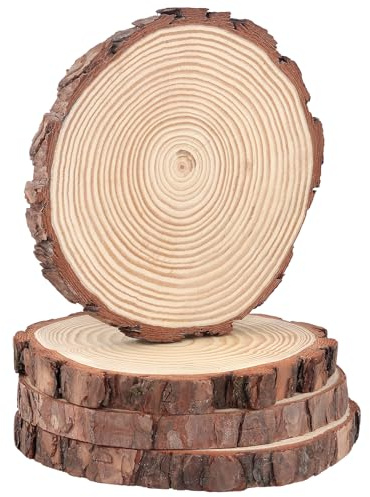 MAKTSAM 4 Stück 18-20cm Unvollendete Holzkreise, 20 mm Dicke, Natur Holzscheiben Rund Baumscheiben mit Rinde für DIY, Untersetzer, Gemälde, Weihnachten Dekoration, Hochzeit Handwerk