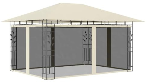 HaoChrymec Pavillon mit Moskitonetz aus pulverbeschichtetem Stahl, UV-Schutz, 180 g/m² Stoff, Ideal für Garten, Grillpartys, Camping, Zelt Pavillon, Creme, 4 x 3 x 2.73 m