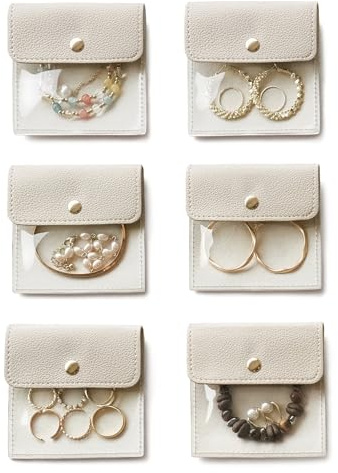 Popvibe 6 Pcs Jewelry Bags Clear Mini Pouch Small Jewelry Pouches for Traveling Leather Portable Travel Jewelry Organizer and Storage Bag for Earrings, Necklace, Beige