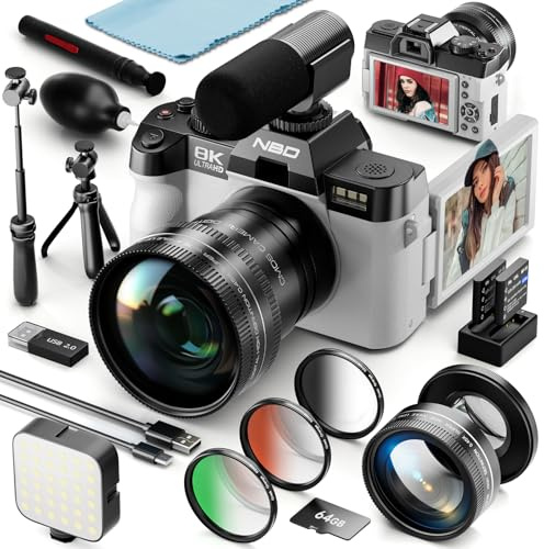 Fotocamere digitali 8K per fotografia, fotocamera vlogging da 64 MP con schermo flip a 180°, 2 batterie, scheda TF da 64 GB, zoom 16x, WiFi, 3 filtri colorati, microfono, treppiede, kit obiettivo