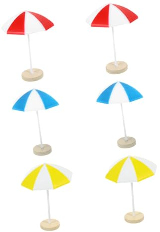 Mikikit 6pcs Miniature Beach Umbrella Props Set, Medium Micro Landscape Sun Umbrellas in Red, Blue, and Yellow for Dollhouse, Beach Scene, and Ocean-themed DIY Decor Accessories