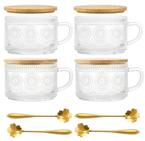 SUNNYNEST 4PCS Vintage Glass Coffee Mugs with Bamboo Lids & Spoons, Embossed Clear Cups for Latte Tea Overnight Oats, Stackable Breakfast Jars for Kitchen & Gifts