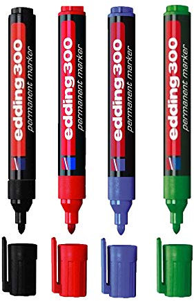 edding 4er Set Permanentmarker 300, nachfüllbar, 1,5-3 mm [Grundfarben] schwarz, rot, blau und grün