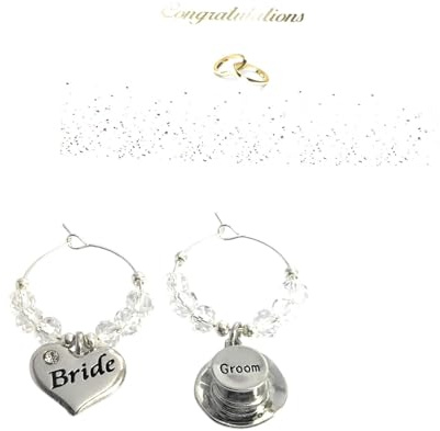Libby's Market Place Bride and Groom Top Hat Wine Glass Charms Set with White Gift Bag and Gift Card