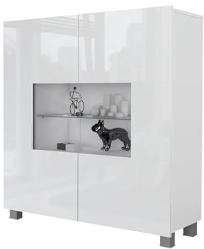 Mirjan24 Kommode Calabrini BR01 mit 2 Türen (Weiß Hochglanz, ohne LED) | Moderne grifflose Kommode mit gehärtetem Glas und viel Stauraum für Wohn- und Schlafzimmer