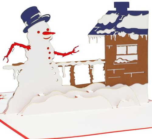 LINPOPUP®, POP UP Weihnachtskarten, Weihnachtskarte, 3D Karten Weihnachten, Schneemann am Haus, N445