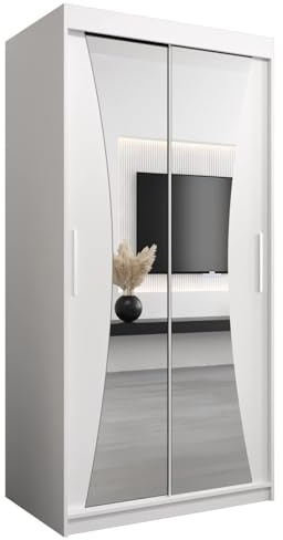 MEBLE KRYSPOL Kleiderschrank mit Spiegel Monaco - Garderobenschrank - Schrank Schlafzimmer - Mehrzweckschrank Zwei Schiebetüren - Regalen - Flur Möbel - Kleiderstange Schrank - Allzweckschrank