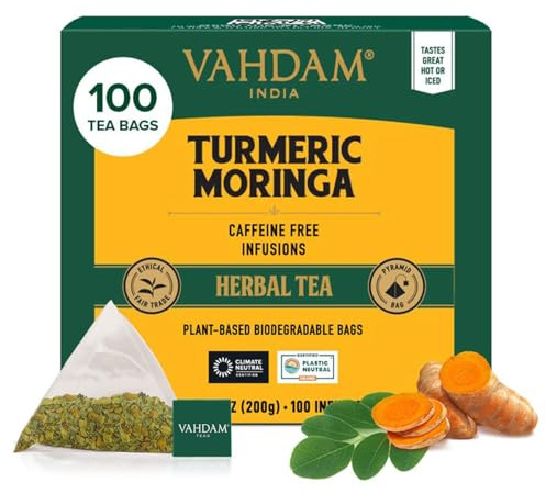 VAHDAM Té Herbal de Cúrcuma y Moringa | 100 Bolsitas Piramidales | Sin Cafeína | Mezcla de Hierbas con Especias Indias | Ingredientes Naturales | Envasado en India