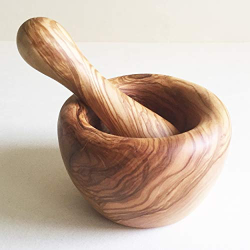 Mortero generisch masivo con mortero tamaño a elegir, mortero de cocina, de madera de olivo en mano (diámetro de 13 cm)