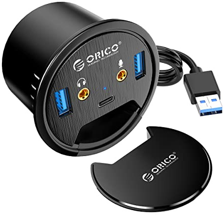 ORICO USB Tisch Hub 3.0 5-IN-1 USB Hub Tisch-Kabeldurchführung mit 2 USB A 3.0 Anschluss, Headset Adapter 3,5mm, 1 USB-C Anschluss, 4,9 Fuß Verlängerungskabel für Durchmesser 60 mm Loch(Schwarz)