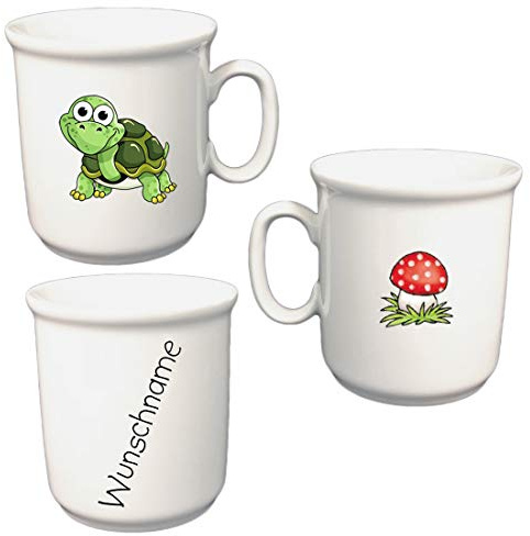 Kindertasse mit Namen Personalisierte Tasse aus Porzellan für Kinder Kakaobecher Tiermotive personalisierbar mit Wunschname Name Kindergeschirr mit Namen personalisiert (Schildkröte)